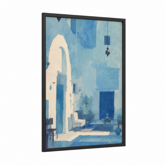 Serene Synagogue framed synagogues print — black wood frame — blue and white and cream palette
