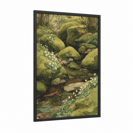 Mossy Stream Spring framed art print — black wood frame — green and cream palette