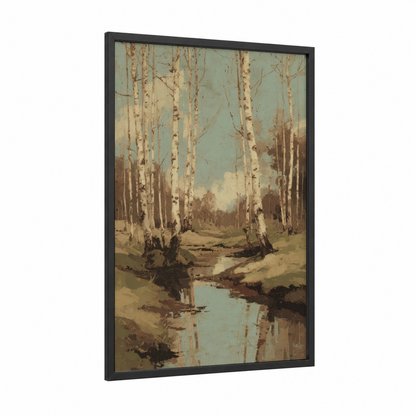 Serene Birch Forest framed art print — black wood frame — sage green and cream palette