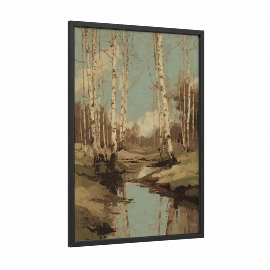 Serene Birch Forest framed art print — black wood frame — sage green and cream palette