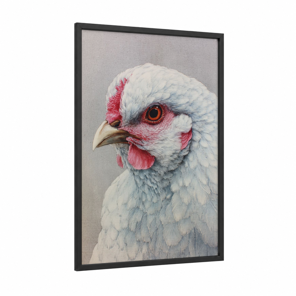 White Rooster Portrait framed chicken and roosters print — black wood frame — white and red palette