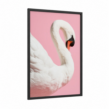 Pink Swan Portrait framed art print — black wood frame — white and pink palette
