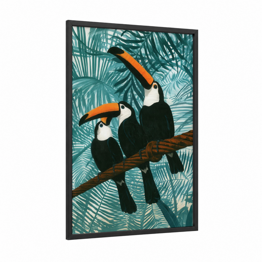 Tropical Toucan Trio framed art print — black wood frame — teal and orange palette