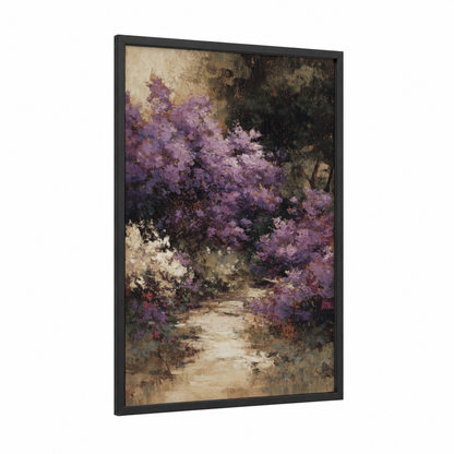 Lilac Garden Path framed art print — black wood frame — lavender and cream palette
