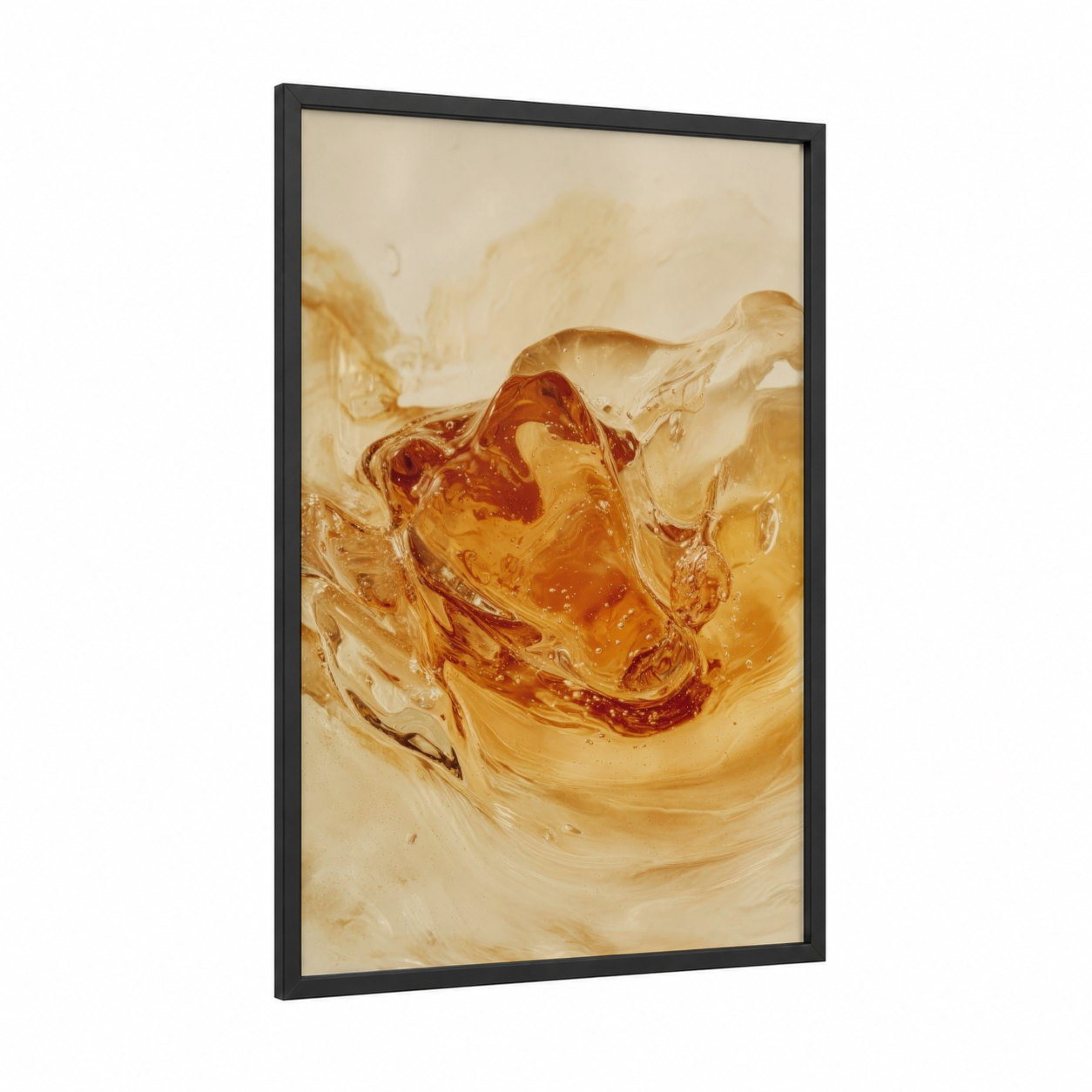 Amber Tea Splash framed iced tea print — black wood frame — gold and cream palette