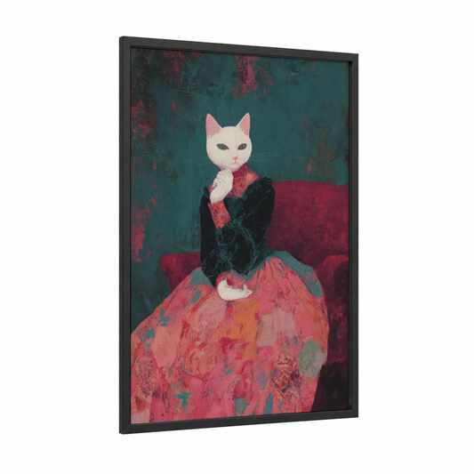Elegant Cat Portrait framed retro fashion print — black wood frame — teal and magenta palette