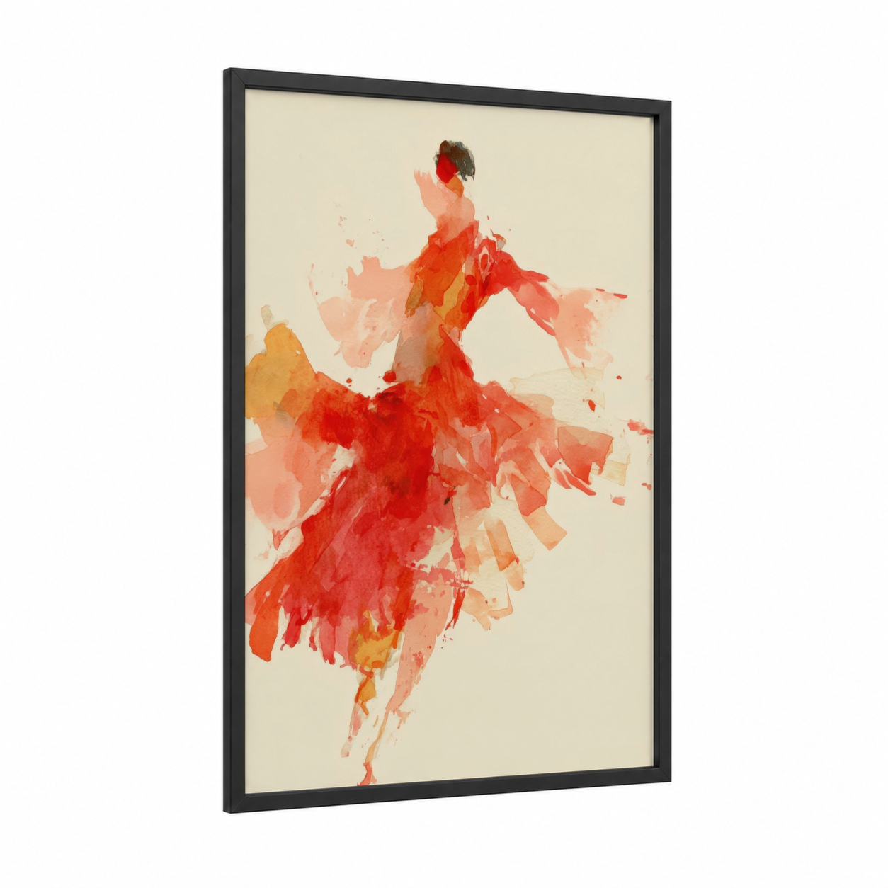 Crimson Flamenco Dancer framed art print — black wood frame — red and peach palette