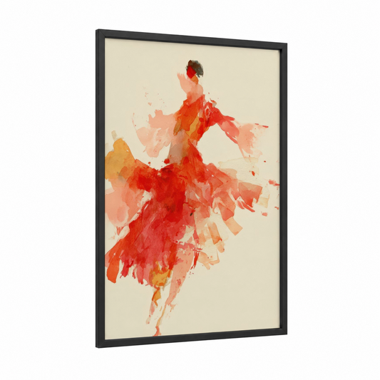 Crimson Flamenco Dancer framed art print — black wood frame — red and peach palette