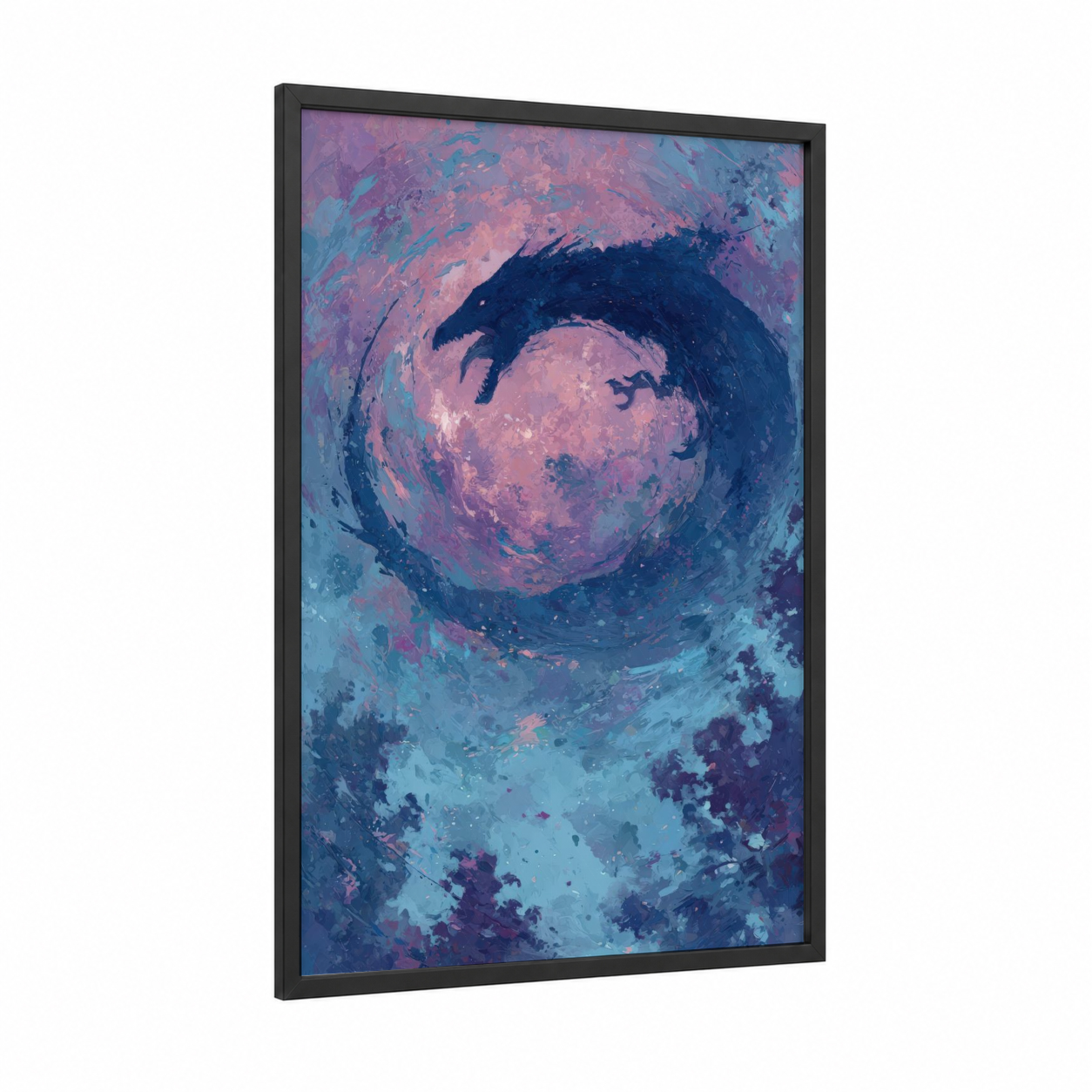 Cosmic Basilisk framed art print — black wood frame — pink and blue palette