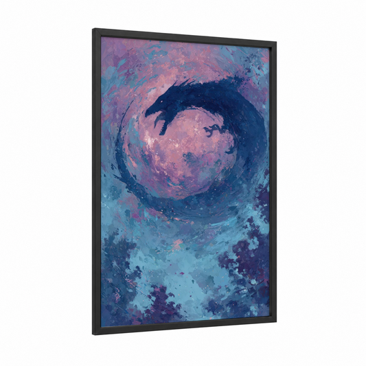 Cosmic Basilisk framed art print — black wood frame — pink and blue palette