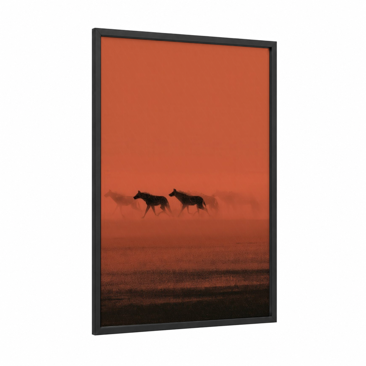 Desert Hyenas framed art print — black wood frame — orange and black palette