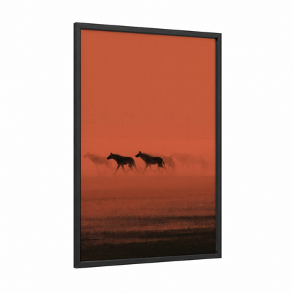 Desert Hyenas framed art print — black wood frame — orange and black palette