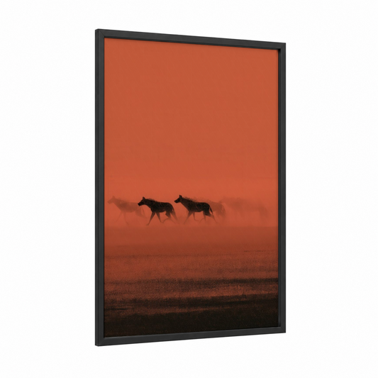 Desert Hyenas framed art print — black wood frame — orange and black palette