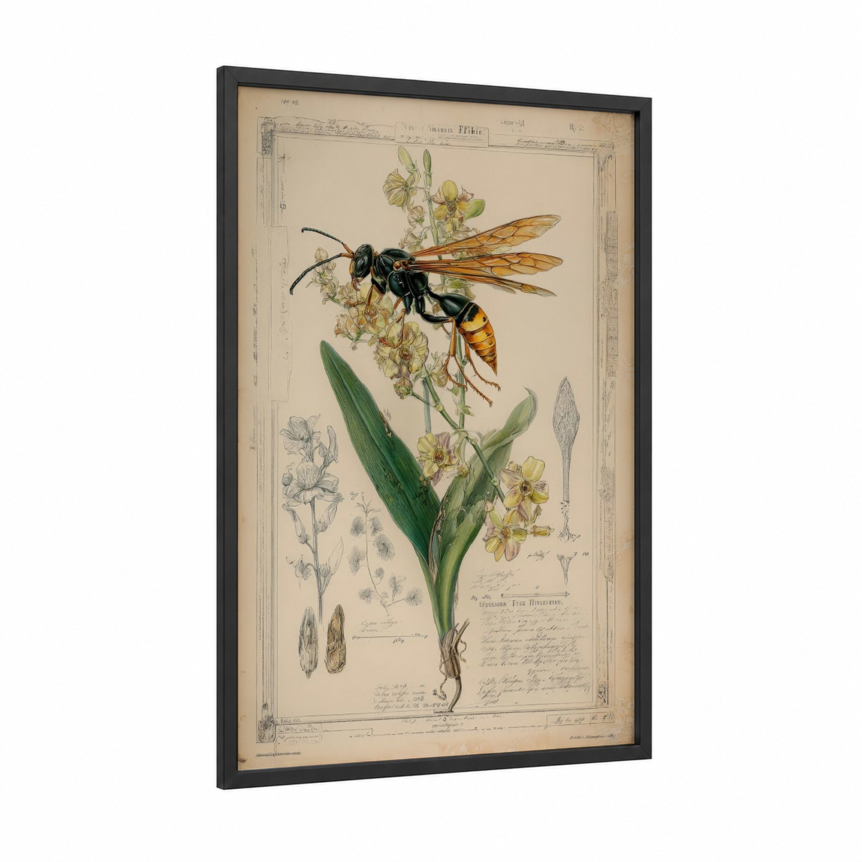 Golden Wasp Botanical framed art print — black wood frame — cream and gold palette