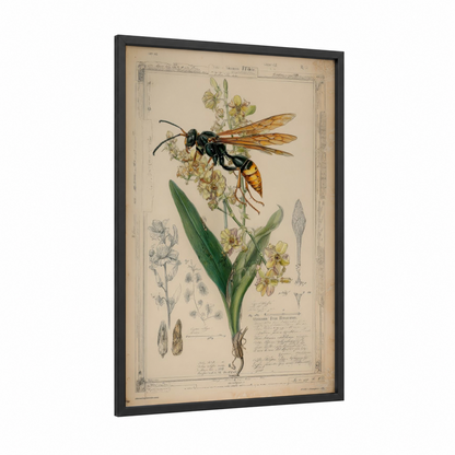 Golden Wasp Botanical framed art print — black wood frame — cream and gold palette