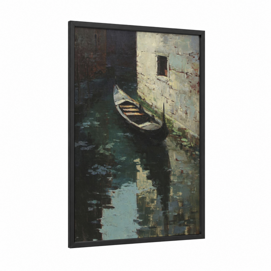Venetian Gondola framed art print — black wood frame — dove gray and blue and white palette