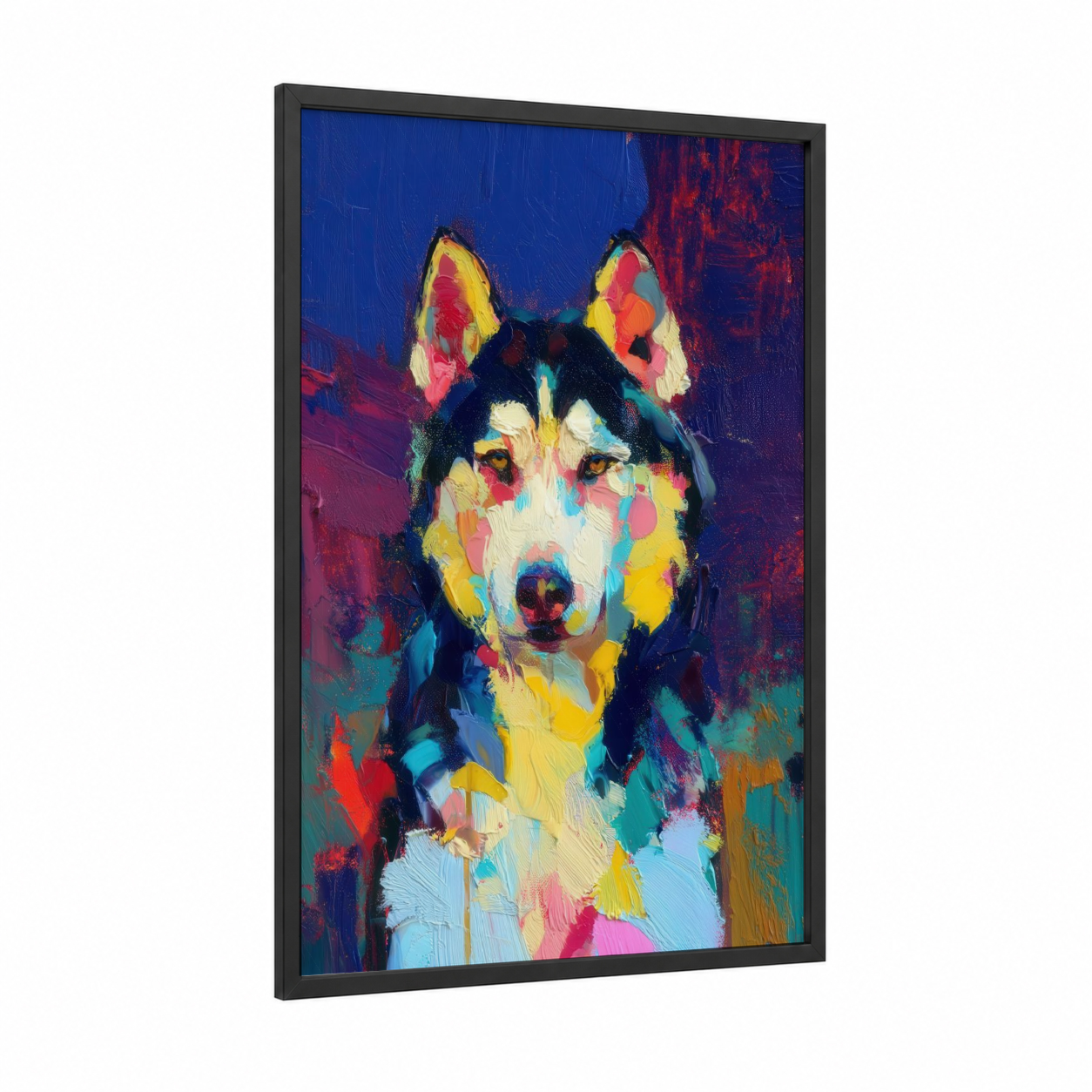Colorful Husky Portrait framed art print — black wood frame — blue and yellow gold palette