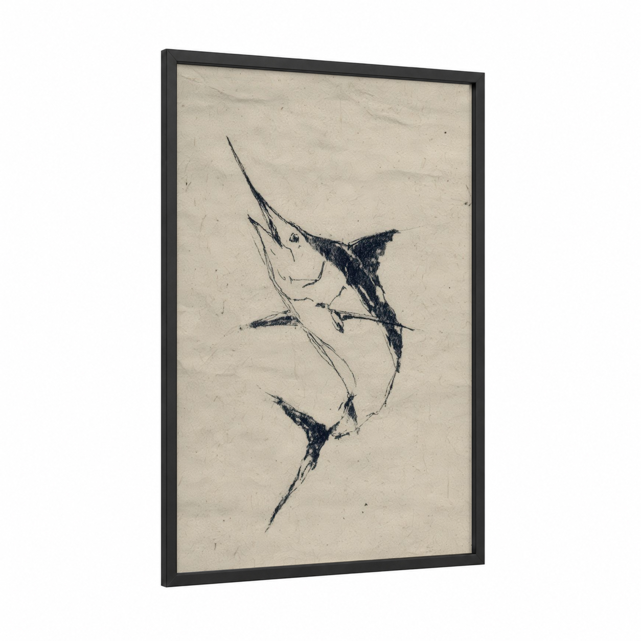 Striking Marlin framed blue marlin print — black wood frame — black and white and cream palette