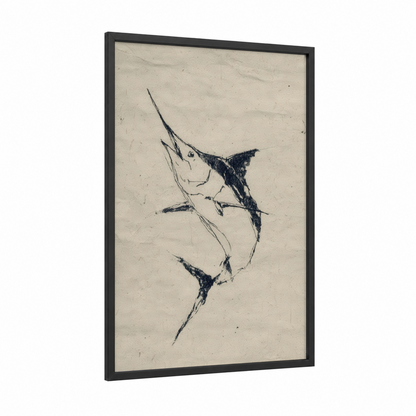 Striking Marlin framed blue marlin print — black wood frame — black and white and cream palette