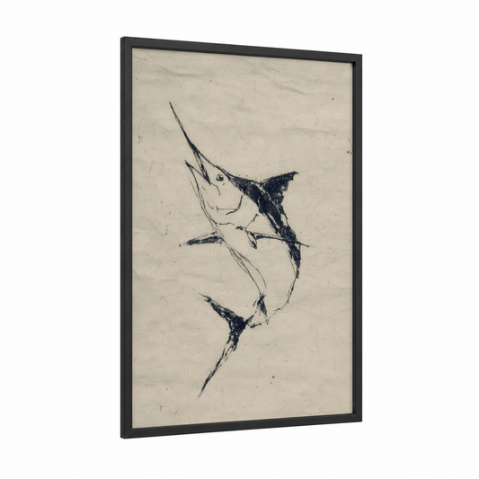 Striking Marlin framed blue marlin print — black wood frame — black and white and cream palette