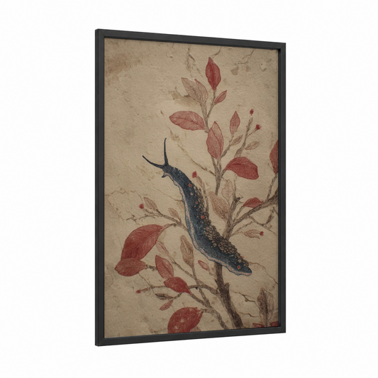 Crimson Nudibranch framed art print — black wood frame — cream and rose gold palette