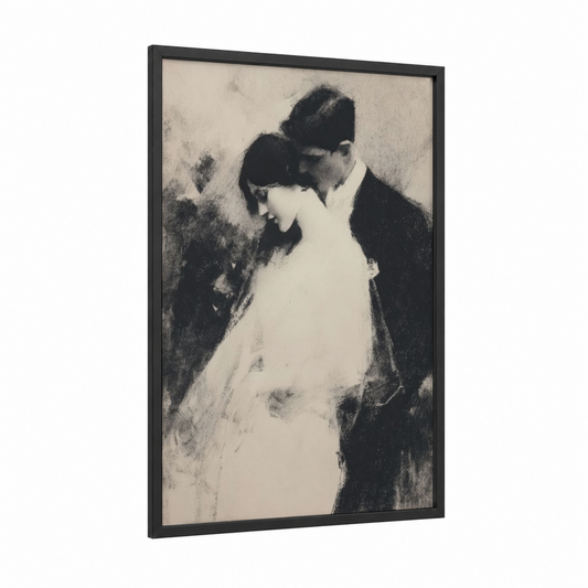 Tender Embrace Wedding framed groom and bride print — black wood frame — black and white and gray palette
