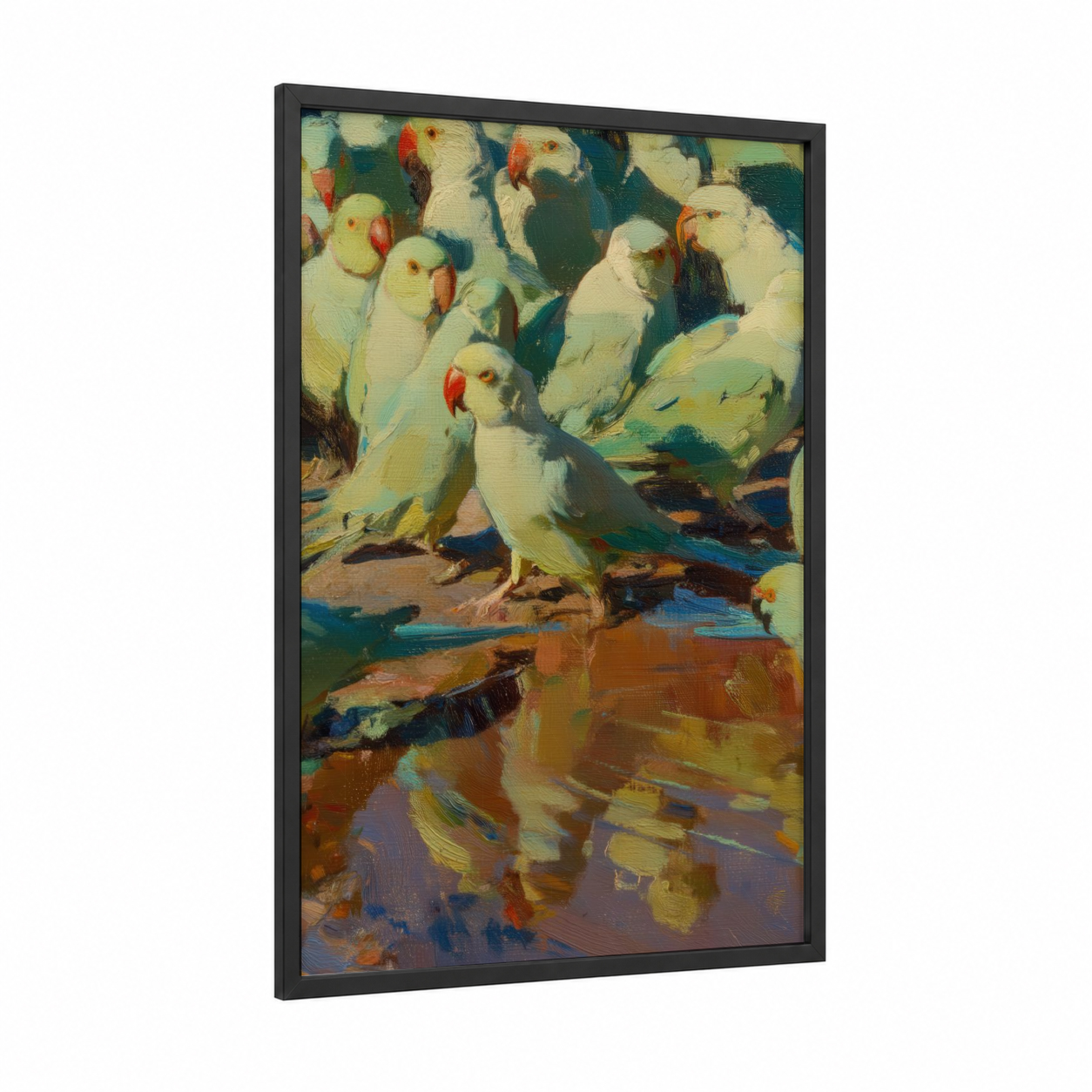 Safari Parrots framed art print — black wood frame — cream and orange palette