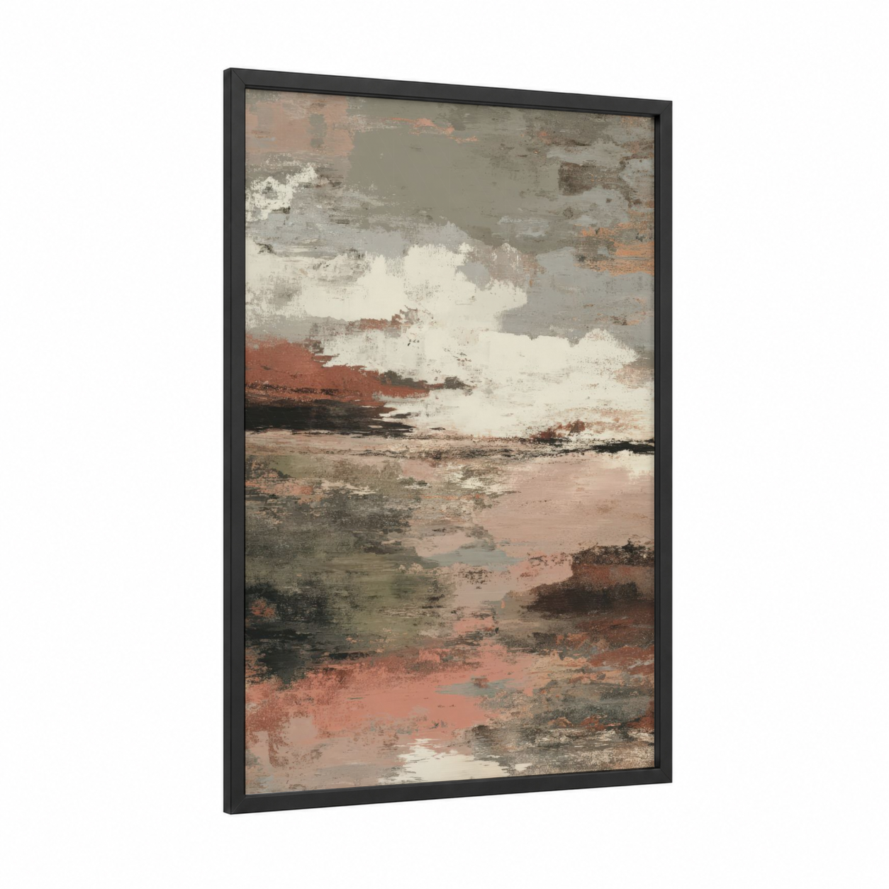 Rustic Stone Landscape framed natural stones print — black wood frame — russet and dove gray palette