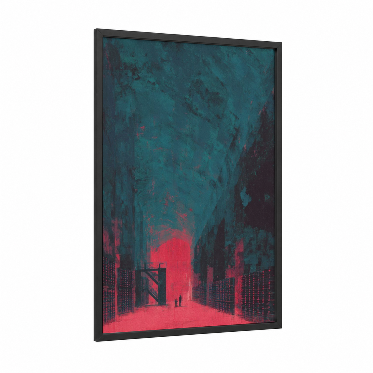Neon Cellar Vision framed wineries and cellars print — black wood frame — teal and red palette