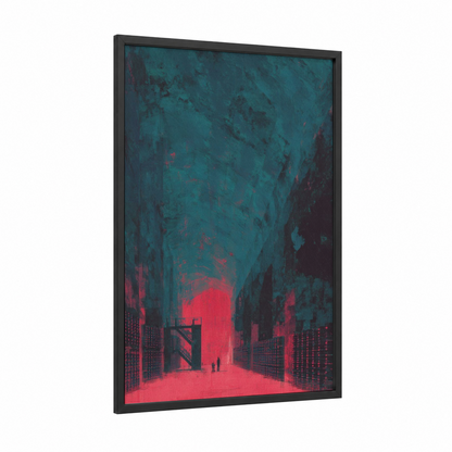 Neon Cellar Vision framed wineries and cellars print — black wood frame — teal and red palette