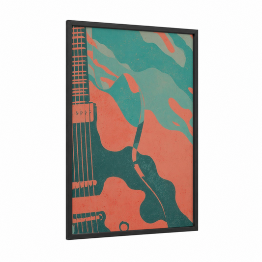 Electric Vibes framed electric guitar print — black wood frame — teal and salmon pink palette