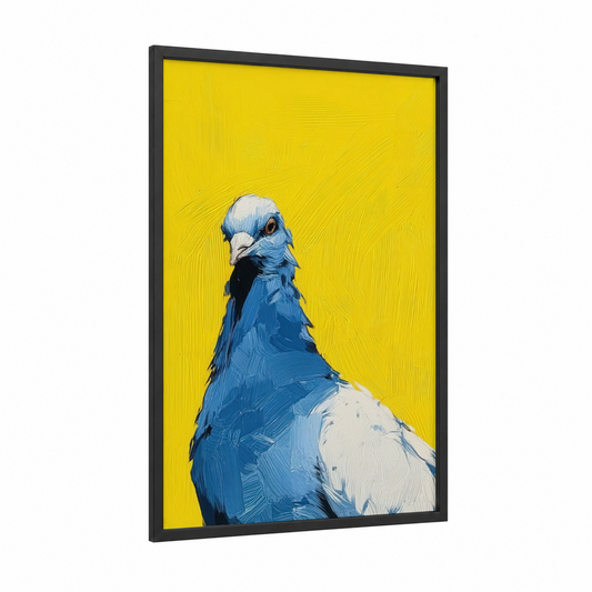 Blue Jay Pigeon framed art print — black wood frame — blue and yellow palette