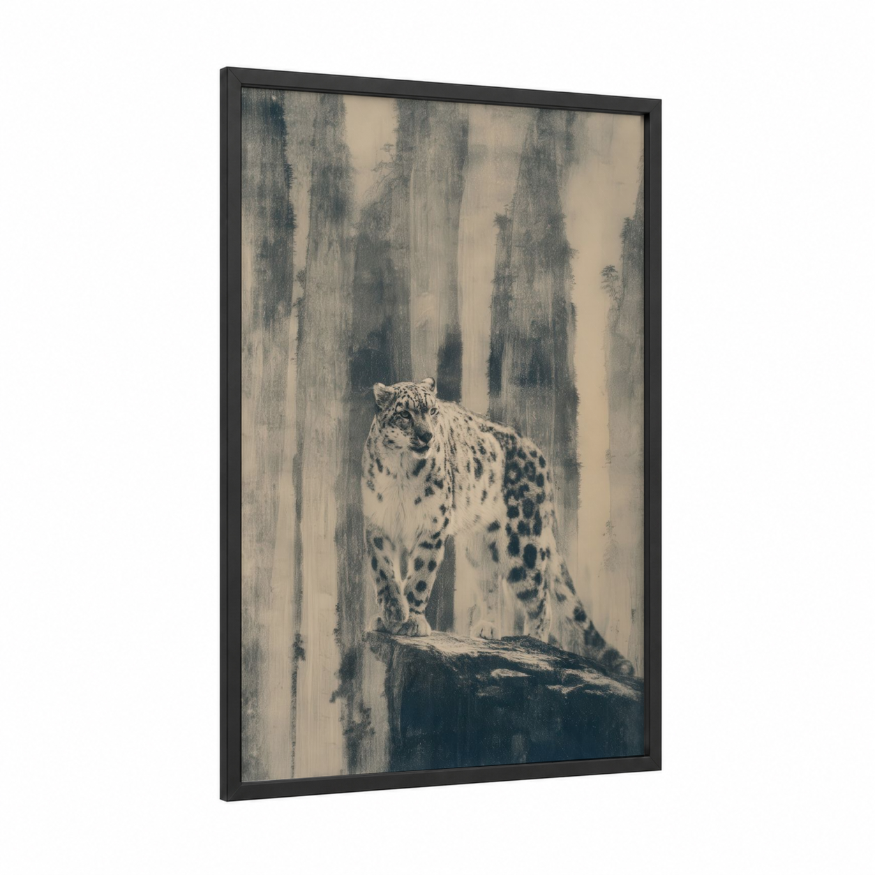Misty Leopard framed art print — black wood frame — gray and black and white palette