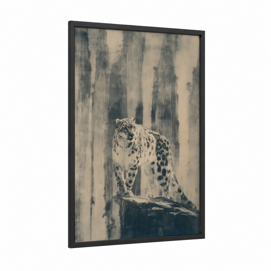 Misty Leopard framed art print — black wood frame — gray and black and white palette