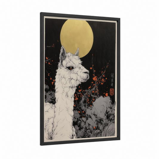 Moonlit Alpaca framed art print — black wood frame — black and white and yellow gold palette