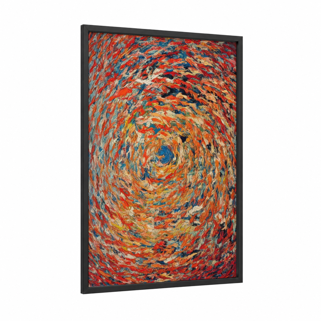 Swirling Goldfish framed art print — black wood frame — red and blue palette