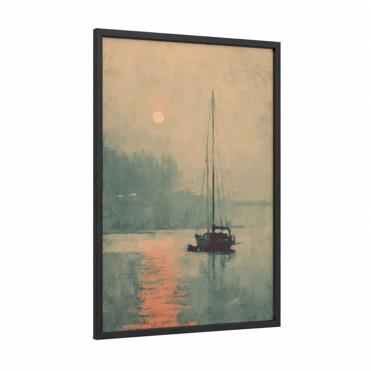 Misty Sunrise Sailboat framed art print — black wood frame — teal and cream palette
