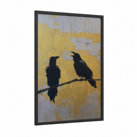 Golden Ravens Pair framed crows and ravens print — black wood frame — gold and black and white palette
