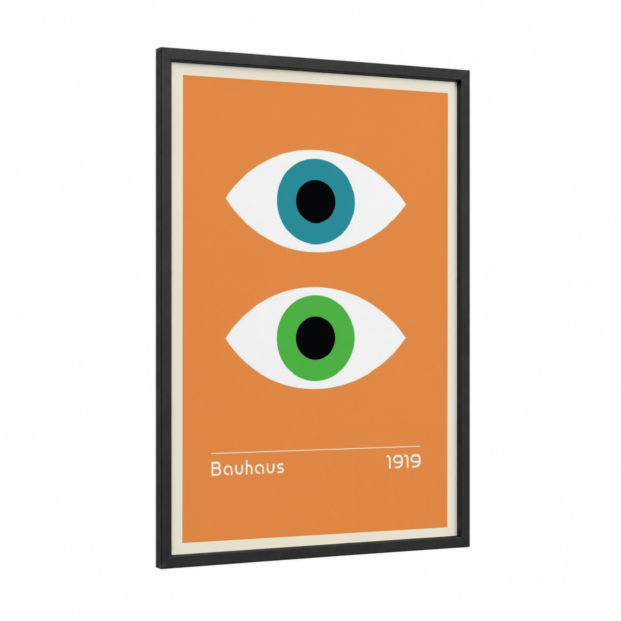 Dual Vision Eyes framed abstract geometric print — black wood frame — orange and teal palette