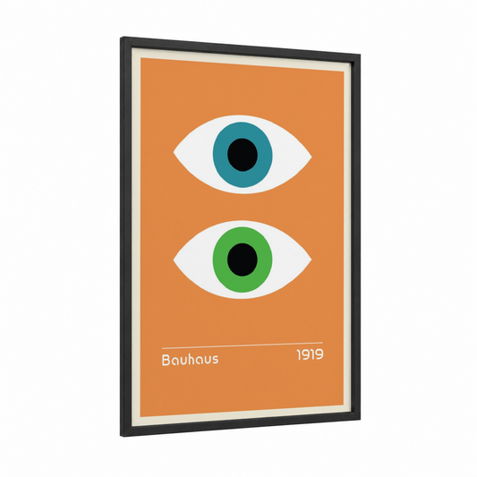 Dual Vision Eyes framed abstract geometric print — black wood frame — orange and teal palette