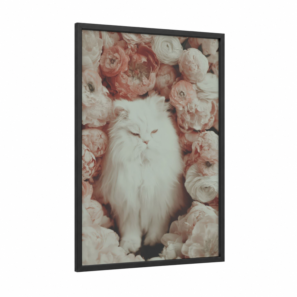 Floral White Cat framed art print — black wood frame — white and salmon pink palette