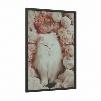 Floral White Cat framed art print — black wood frame — white and salmon pink palette