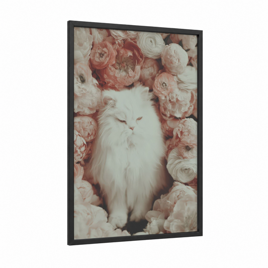 Floral White Cat framed art print — black wood frame — white and salmon pink palette