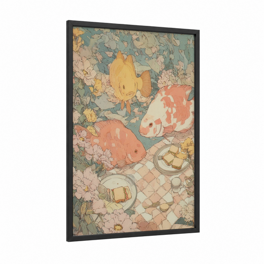 Picnic Discus Fish framed art print — black wood frame — sage green and salmon pink palette