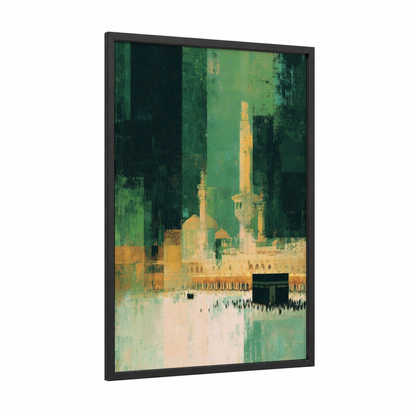 Sacred Sanctuary framed masjid al haram print — black wood frame — true green and gold palette
