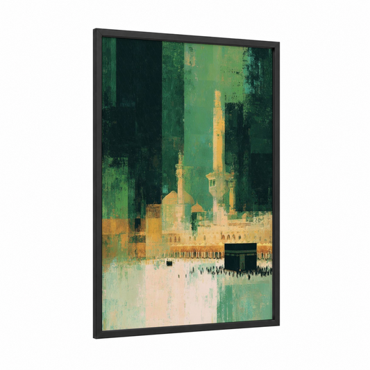 Sacred Sanctuary framed masjid al haram print — black wood frame — true green and gold palette