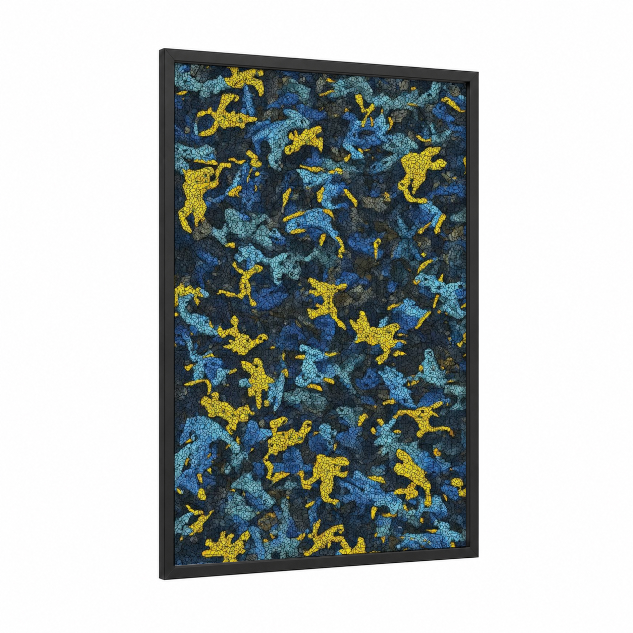 Jumping Frogs Pattern framed frogs and toads print — black wood frame — blue and yellow and black palette