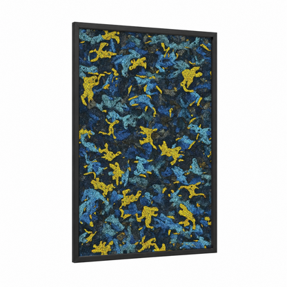 Jumping Frogs Pattern framed frogs and toads print — black wood frame — blue and yellow and black palette