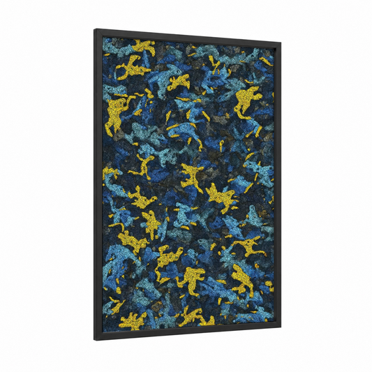 Jumping Frogs Pattern framed frogs and toads print — black wood frame — blue and yellow and black palette