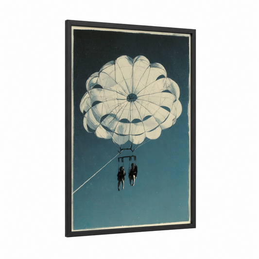 Tandem Parasailing Adventure framed art print — black wood frame — teal and cream palette